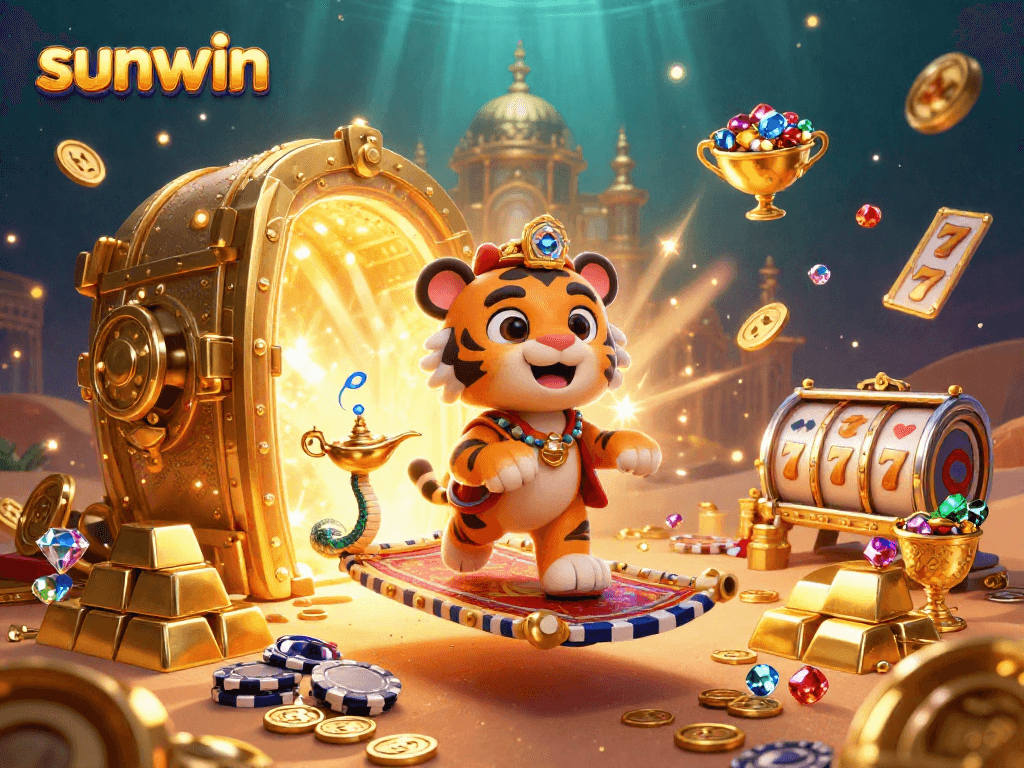 Experience the excitement of sunwin with vibrant 3D characters and dynamic slot elements in a rich casino setting.