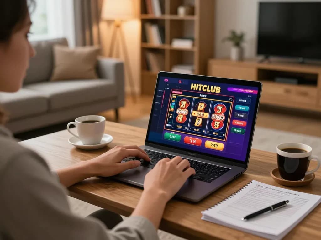 Engage with HITCLUB in a cozy home gaming setup, showcasing online casino gameplay on a laptop