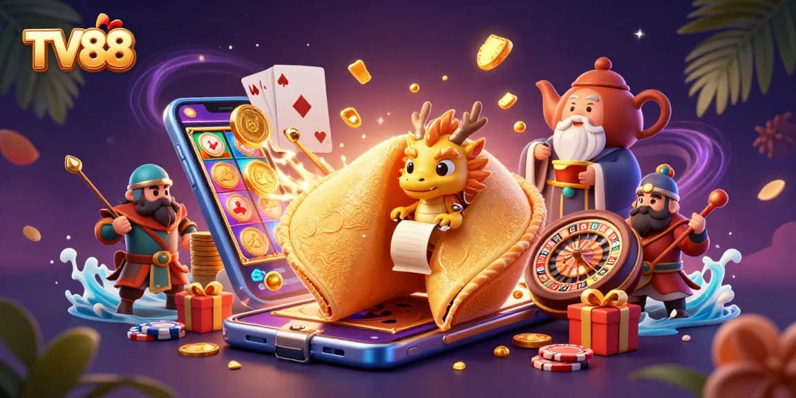 Engage with TV88's thrilling 3D digital casino illustration showcasing dynamic gaming elements.