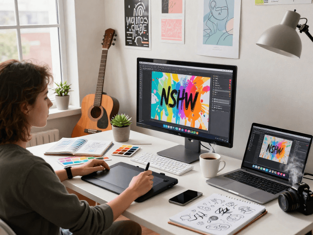 Vibrant NSFW artwork creation in a digital studio filled with inspiration.
