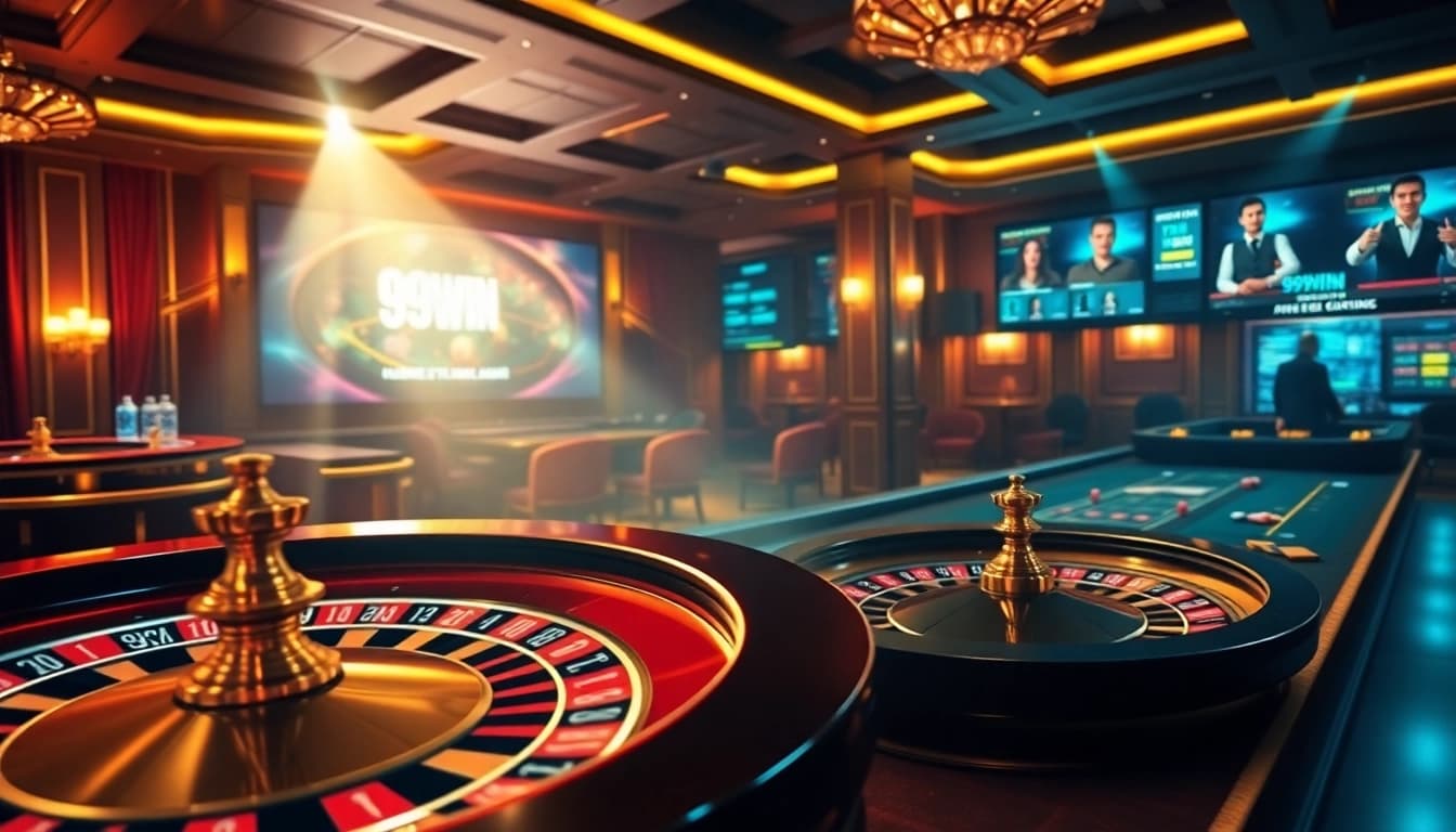 Experience thrilling online gambling action at 99win.com with poker chips and roulette wheels.