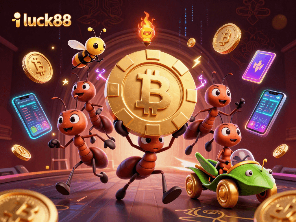 Join the excitement at luck88 as ants carry a giant poker chip through a neon-lit heist!