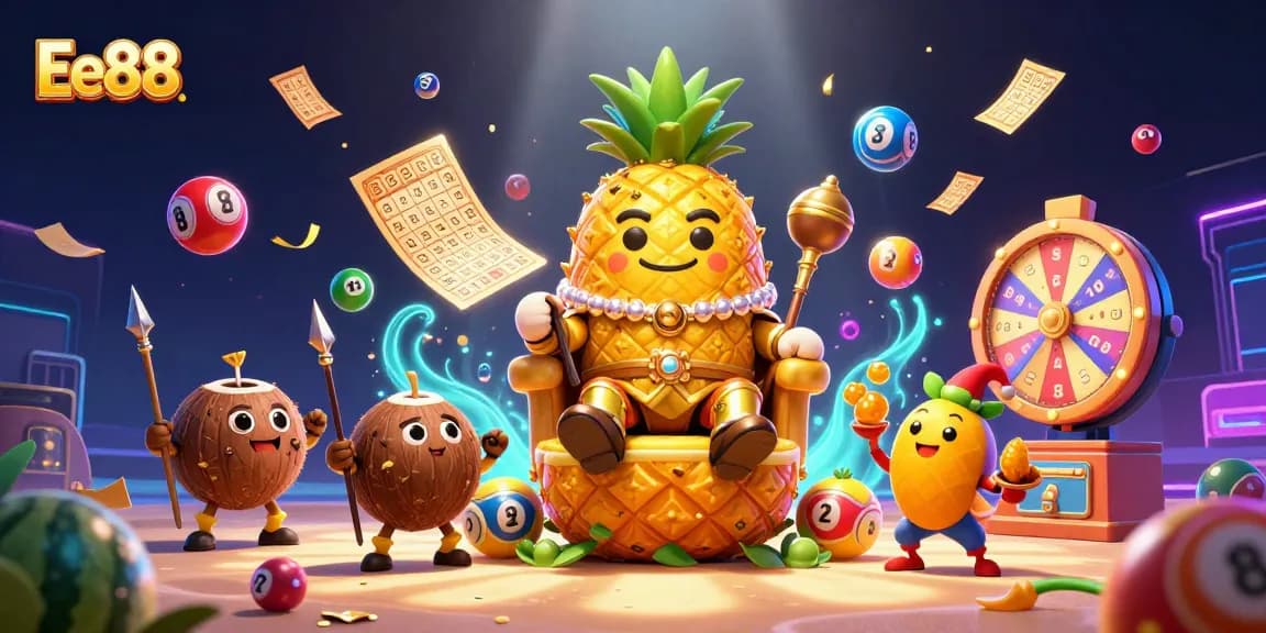 Experience Ee88's vibrant gaming world with the golden pineapple king and lively casino elements.