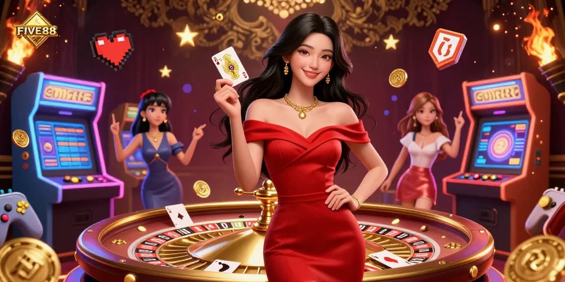 Engage with the thrilling FIVE88 casino experience featuring stunning visuals of a beautiful woman holding a playing card.