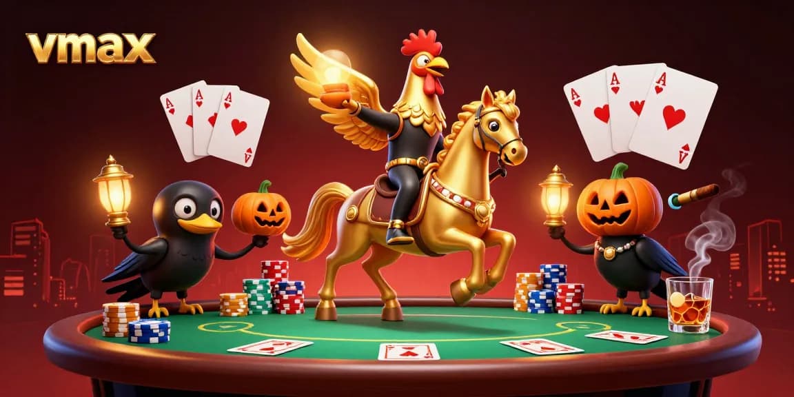 Experience vmax's thrilling gameplay with a golden rooster character navigating a vibrant casino scene.