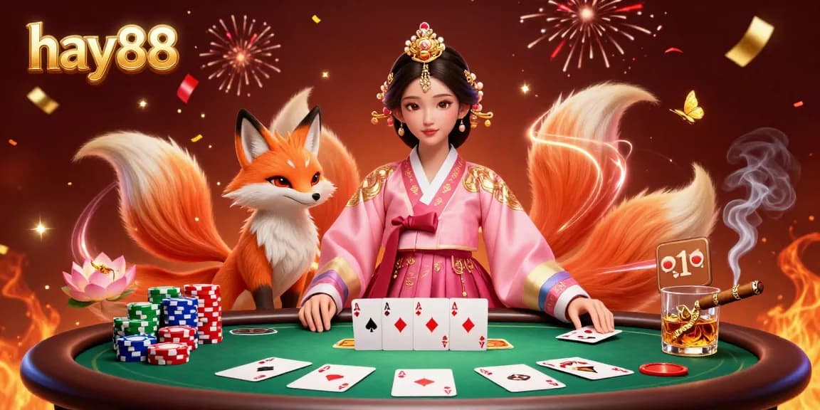 Experience the excitement at hay88 with an Asian-themed digital illustration showcasing poker action and vibrant celebrations.