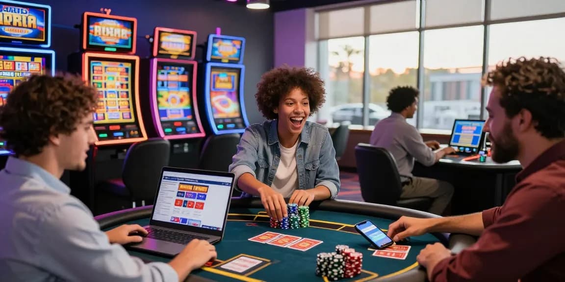 Players enjoying games at credit card casinos, with slot machines and live dealer setups in a vibrant casino atmosphere.