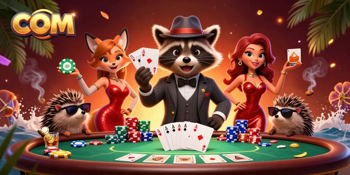 Experience thrilling poker action with suave characters at com, surrounded by vibrant gaming elements.
