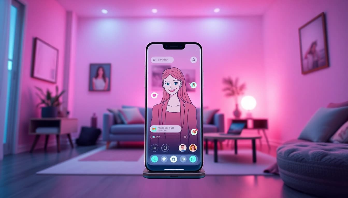Engaging scene of an AI girlfriend interacting through a smartphone, showcasing advanced virtual companionship.