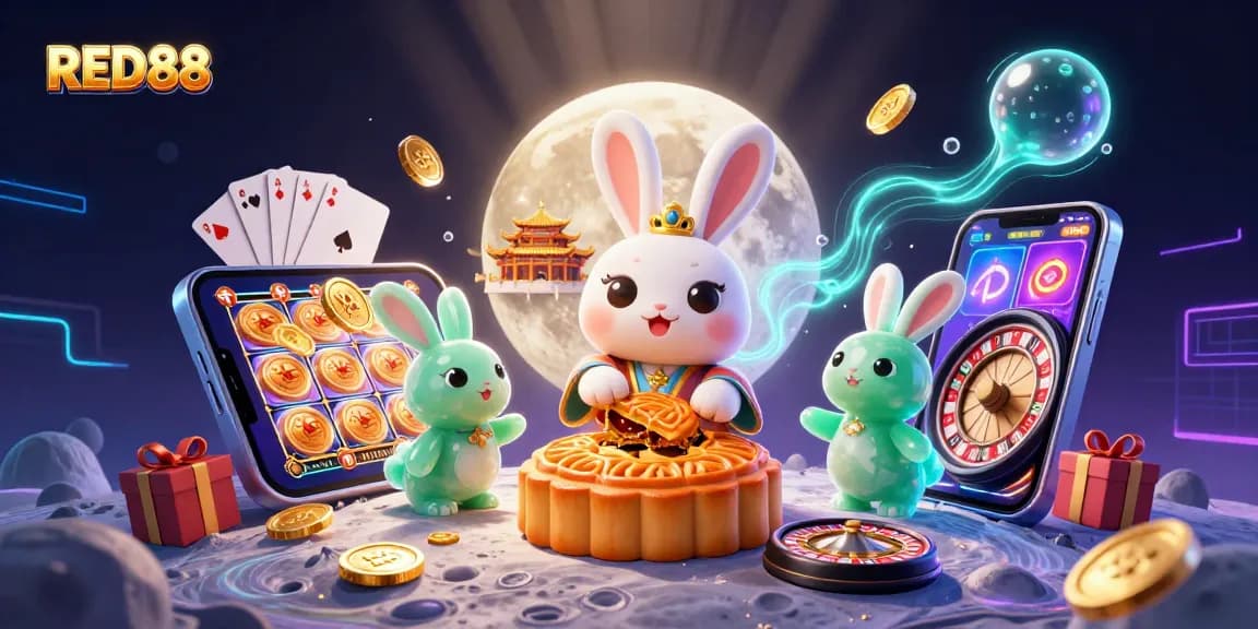 Experience the magic of RED88 as the moon rabbit spins slot games under a glittering night.