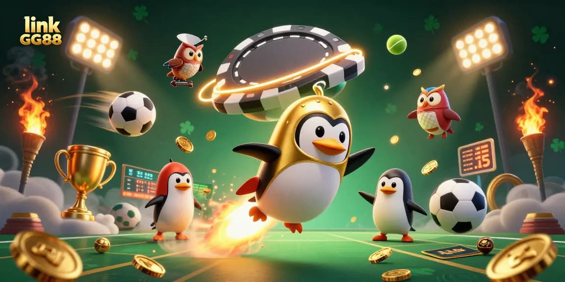 Win big with link GG88 in this vibrant, dynamic casino-themed illustration featuring a rocket-powered penguin.