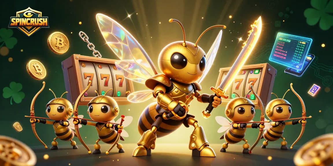 Engage SPINCRUSH with dynamic slot reels and vibrant crypto elements in a crowded casino scene.