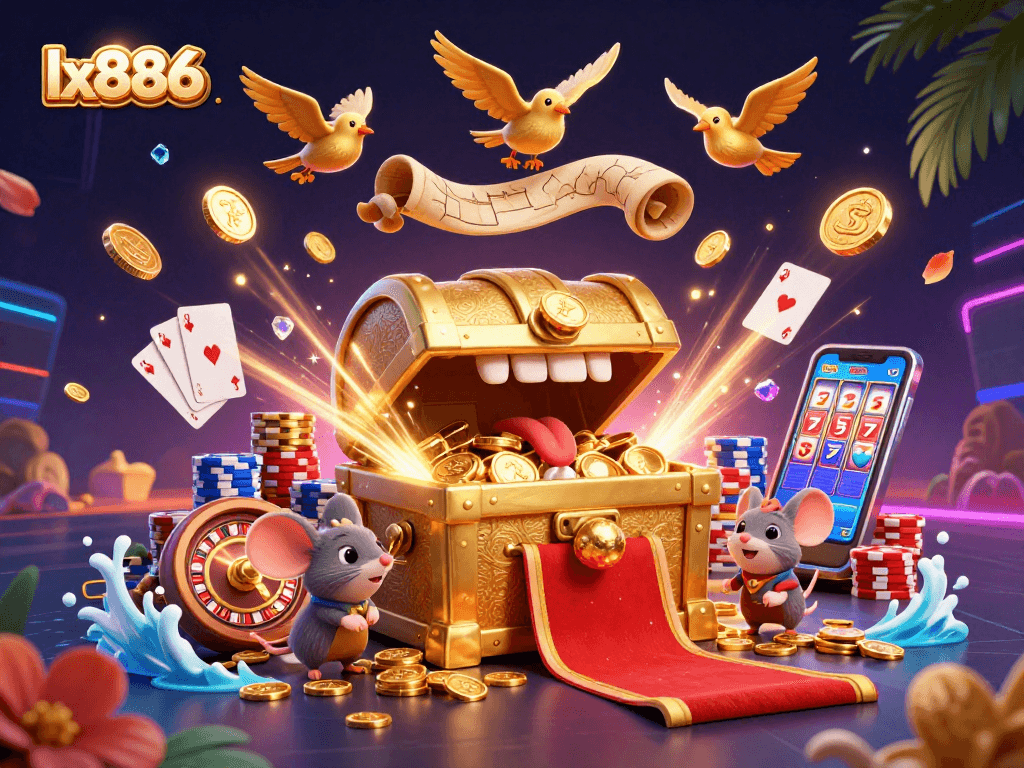 Spin the reels at lx886 and unlock riches with a colorful casino scene filled with treasure and excitement.