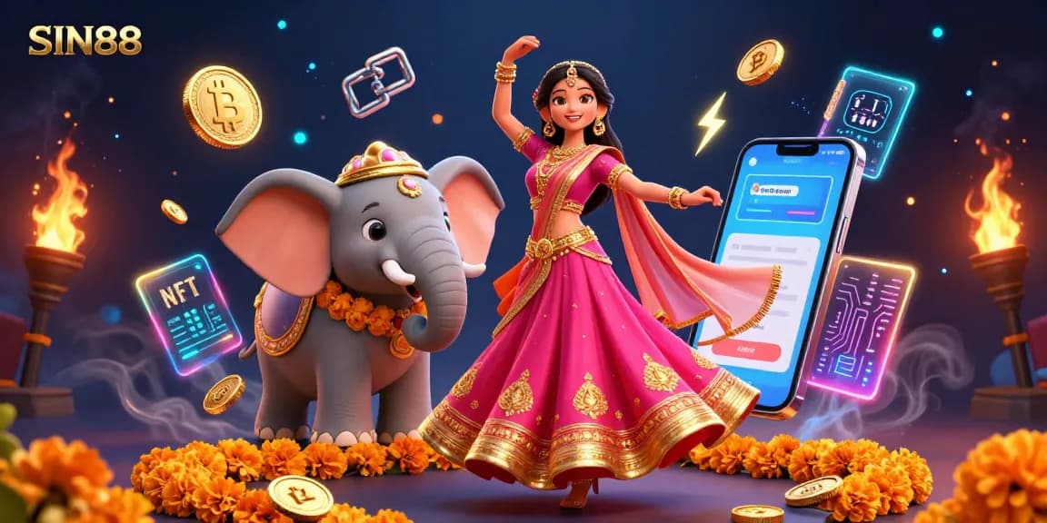 SIN88 brings excitement to online gambling with vibrant characters and crypto elements in this lively 3D illustration.