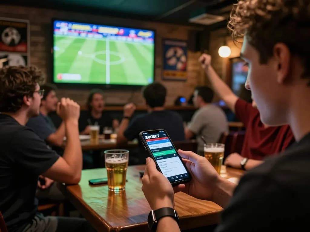 SBOBET user actively placing bets while enjoying live sports action in a vibrant sports bar.