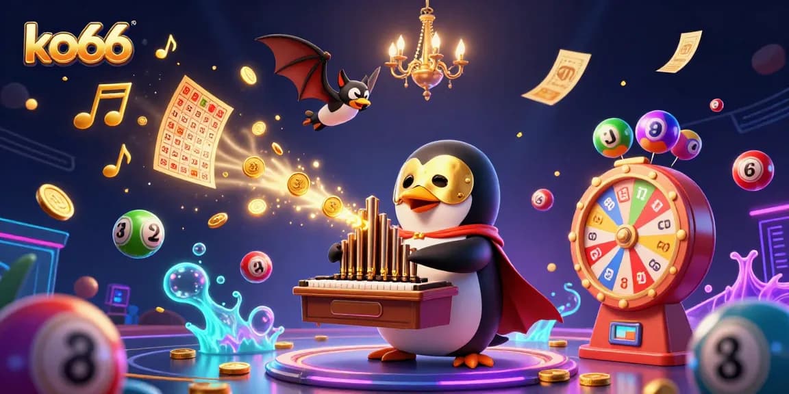 Experience the excitement of ko66 with dynamic lottery balls and a whimsical penguin in a casino setting.