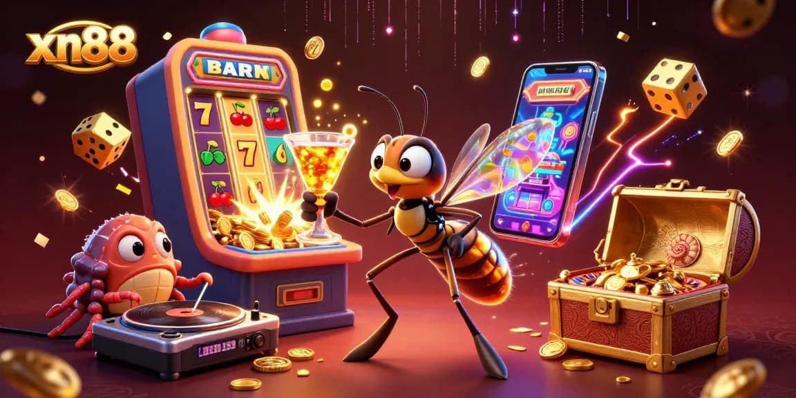 Xn88's vibrant casino scene showcases a lively frozen mosquito mascot and trilobite DJ amidst winning symbols.