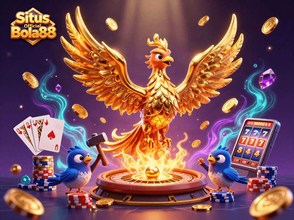 Situs Official Bola88 showcases a vibrant casino scene with a golden phoenix and casino elements.