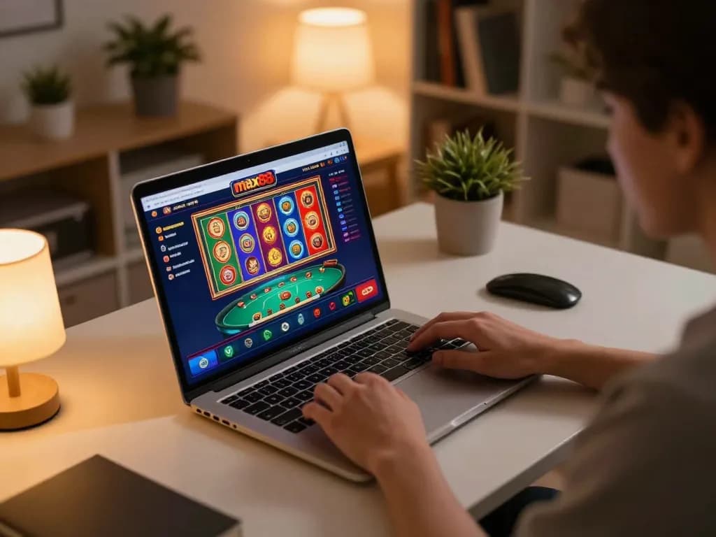 Max88 online gaming setup showcasing a player engaging with dynamic slot games.