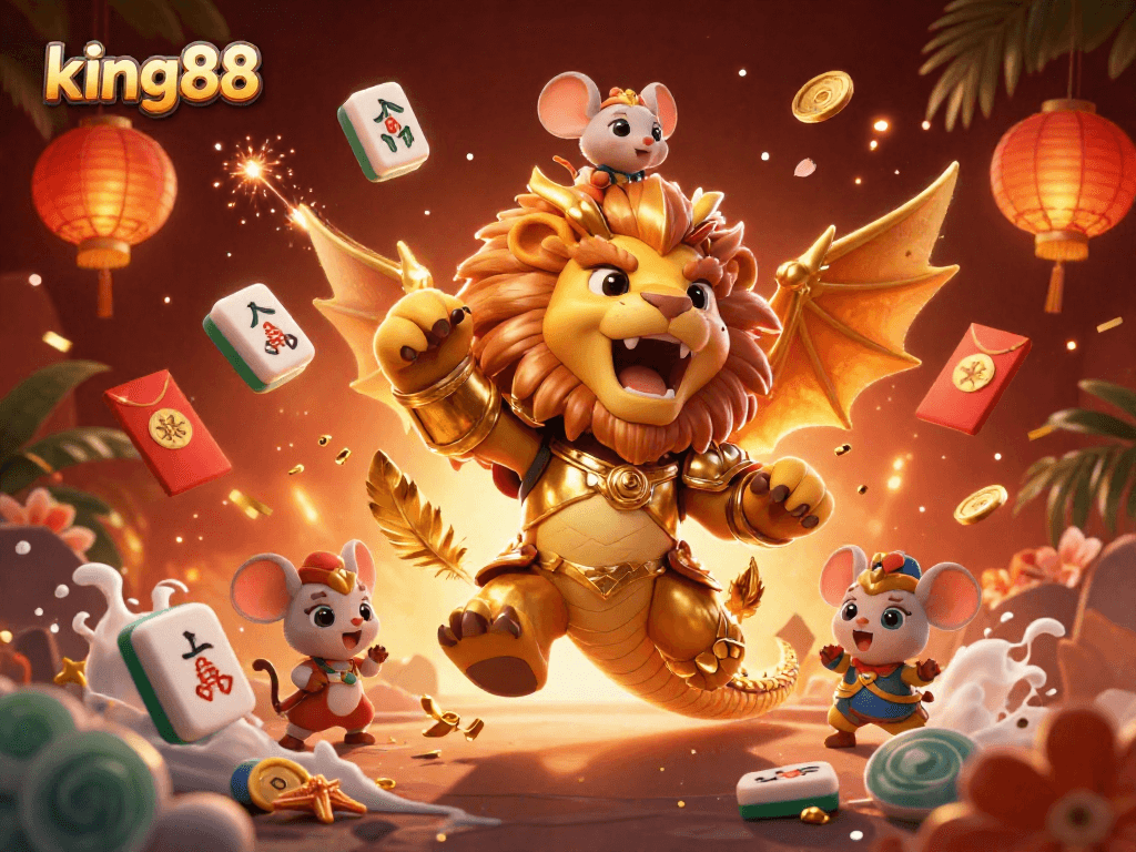 Engage with king88: A vibrant scene of a chimera creature and a brave jockey amidst casino elements.