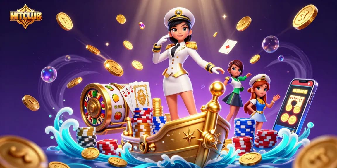 Experience HITCLUB gaming with a vibrant 3D illustration of slots and jackpots.