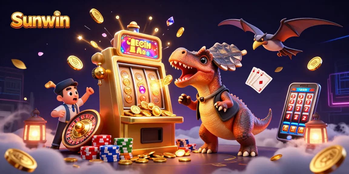 Sunwin theme with a dinosaur hitting a slot machine and golden coins flying everywhere in a vibrant casino scene.