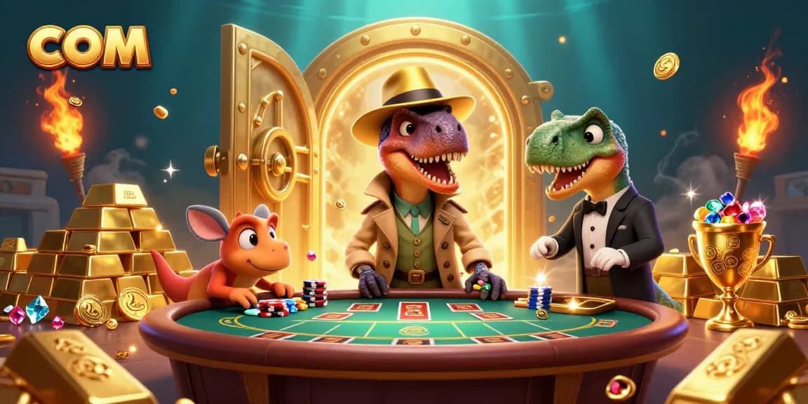 Experience excitement at com's blackjack table with a velociraptor card counter and blue gem treasures.