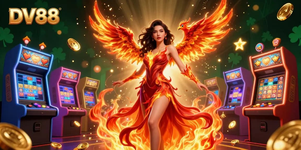 Experience thrilling gameplay with DV88 in this vibrant casino scene featuring a stunning Asian woman, a magical phoenix, and gaming elements.