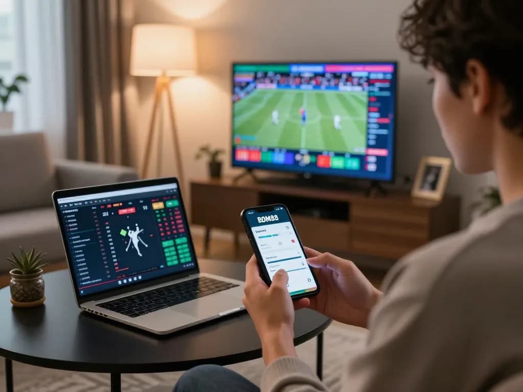 BOM88 user engaging in online sports betting with live odds displayed on multiple screens