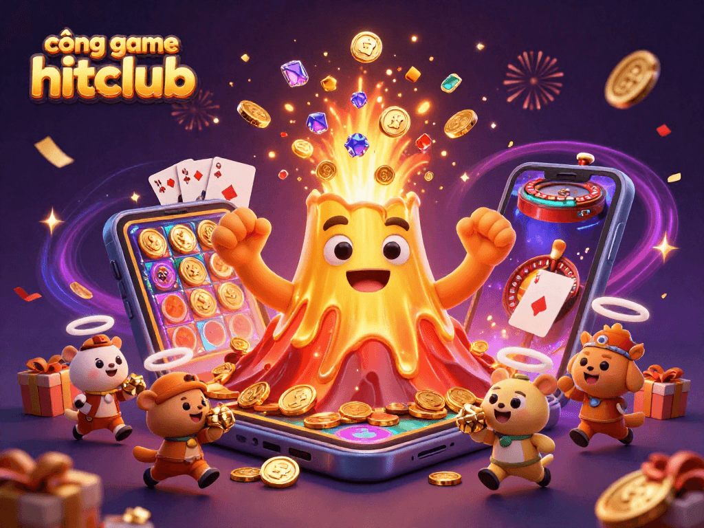 Experience the excitement of cổng game hitclub with colorful games and treasures erupting from a volcano.