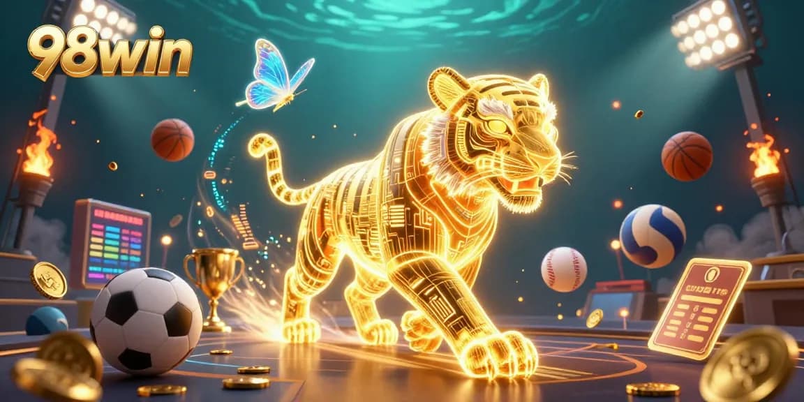 Experience thrilling gaming at 98win with vibrant 3D casino visuals and dynamic sports elements.