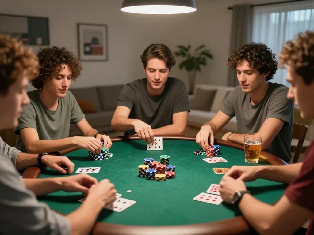 7mcn poker night with friends at home, vibrant chips and cards, showcasing strategic gameplay.