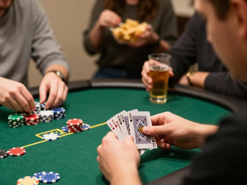 Player placing bets at a poker table in a home game while using 789win.com for strategy insights.