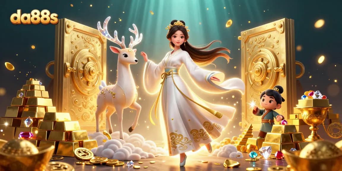 Engage with exciting gaming at da88s, featuring a beautiful Asian woman and treasure visuals.