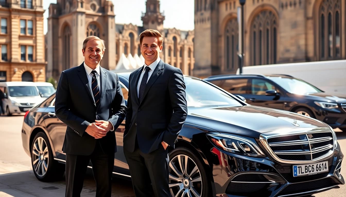 Chauffeur Nottingham welcoming clients beside a luxury vehicle in an urban setting.