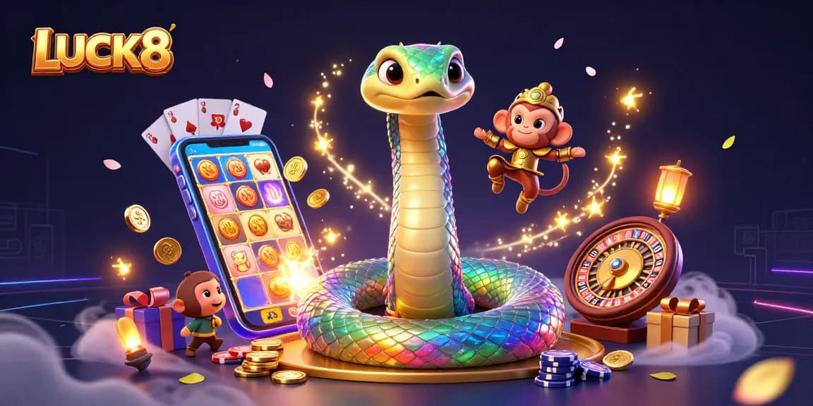 Experience the vibrant thrill of LUCK8 with a playful monkey king and rainbow serpent in an enchanting casino scene.