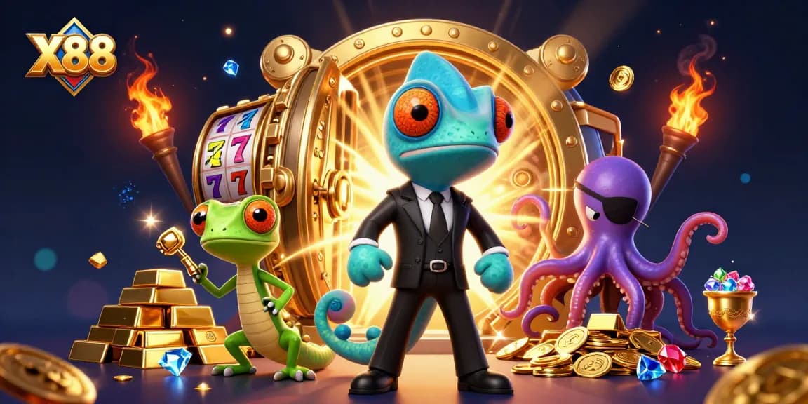 X88 slots scene featuring vibrant characters amidst golden treasures and slot reels.