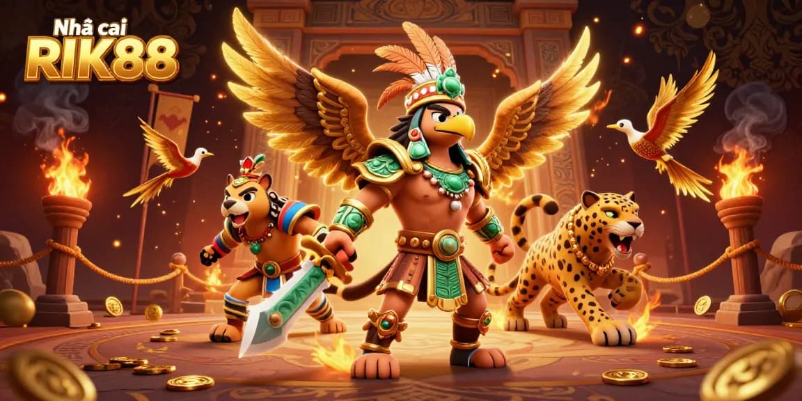 Engage with Nhà cái RIK88 via an action-packed 3D illustration showcasing diverse gambling elements.
