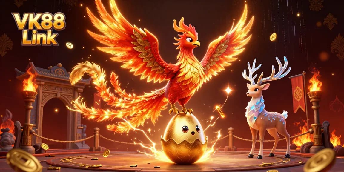 Engage with the thrilling VK88 Link as a phoenix rises amidst a vibrant gambling scene filled with coins and tokens.