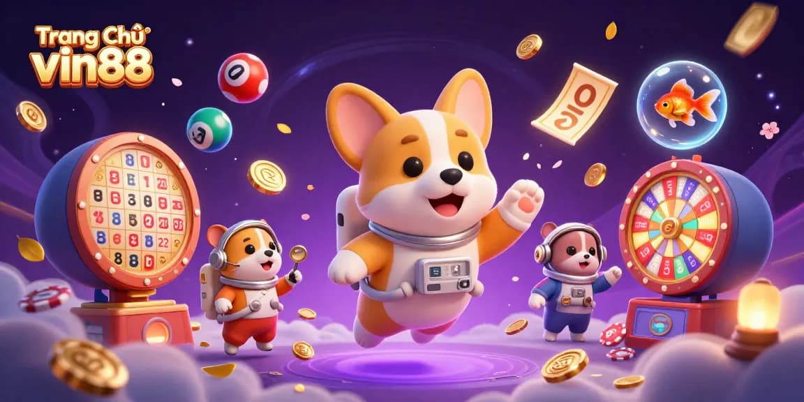 Engage with Trang Chủ vin88 in a vibrant 3D rendering showcasing an astronaut corgi and playful gambling elements.