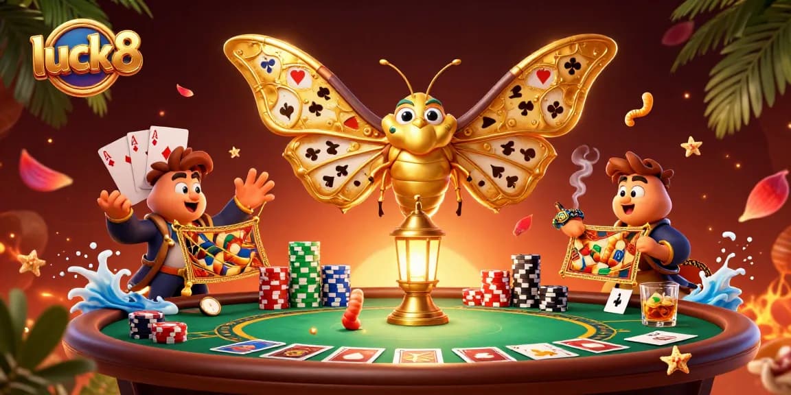 Engage with luck8's thrilling casino atmosphere featuring a majestic atlas moth and poker elements.