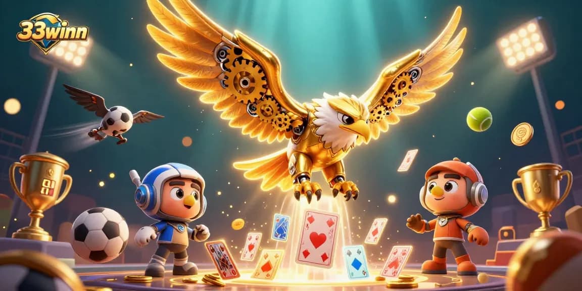 Experience the thrill of 33winn with cybernetic eagles amidst dynamic betting elements in this vibrant casino scene.