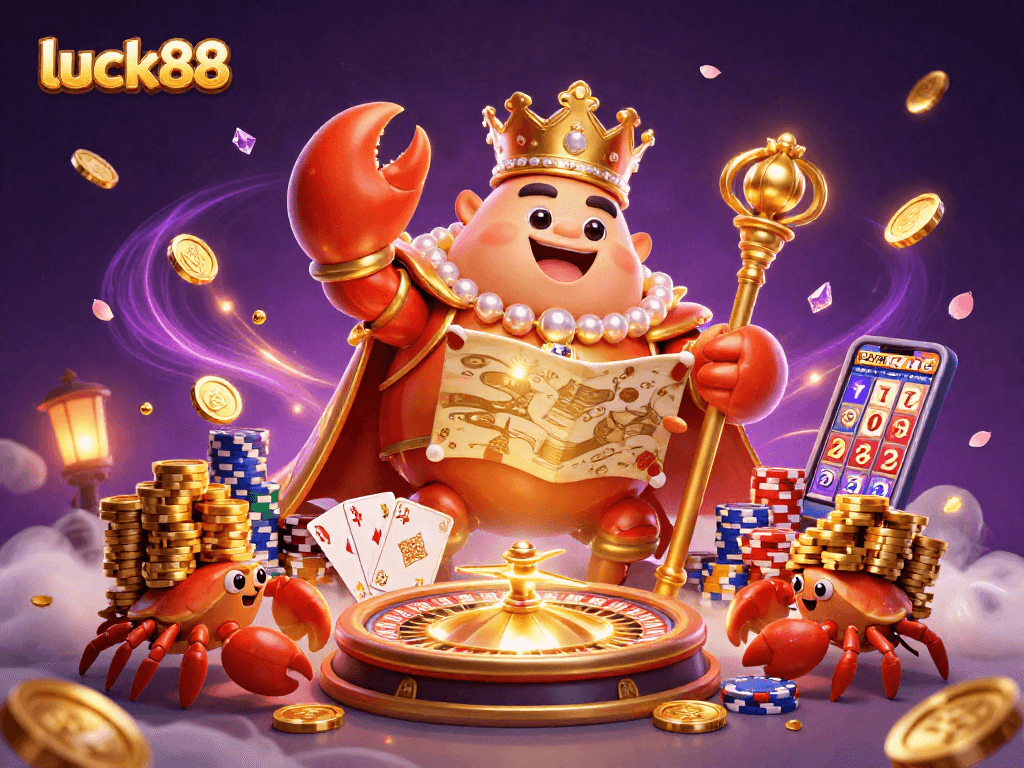 Experience luck88's vibrant casino world with a golden crab emperor amidst dazzling game elements.