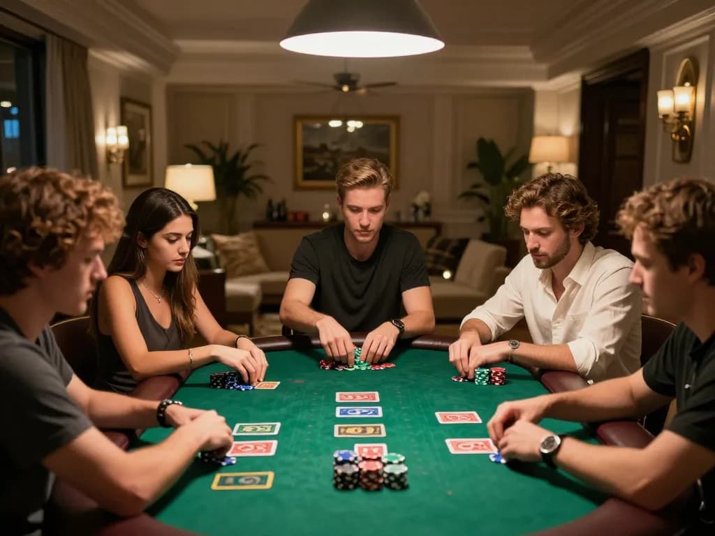 Players strategizing their next move at a NET88 poker game table in an inviting home atmosphere.