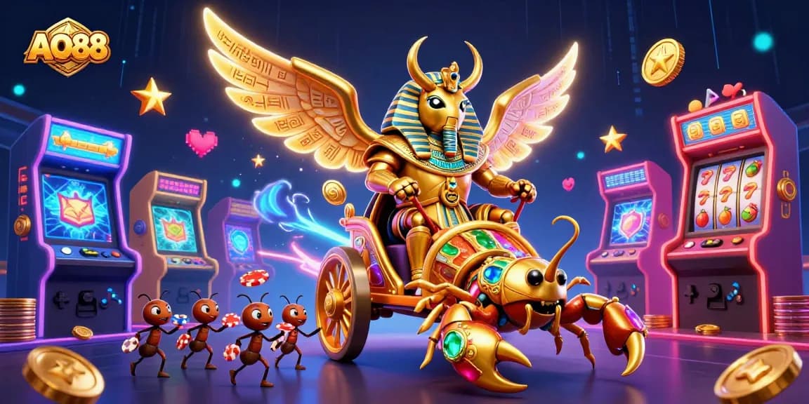 Experience thrilling wins at AO88 with a colorful 3D casino scene featuring engaging slot game elements.