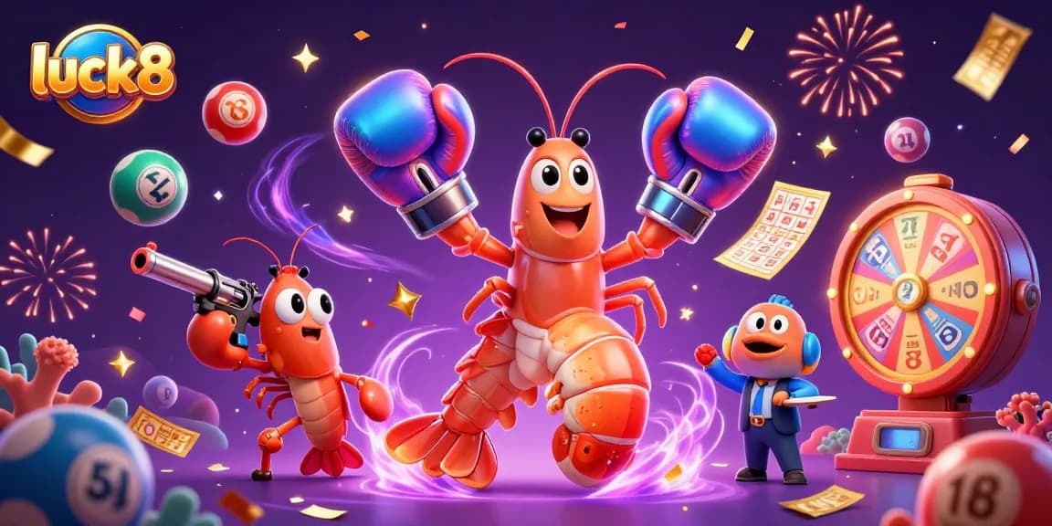 Engage with luck8 as colorful lottery elements burst dynamically around lively shrimp characters.