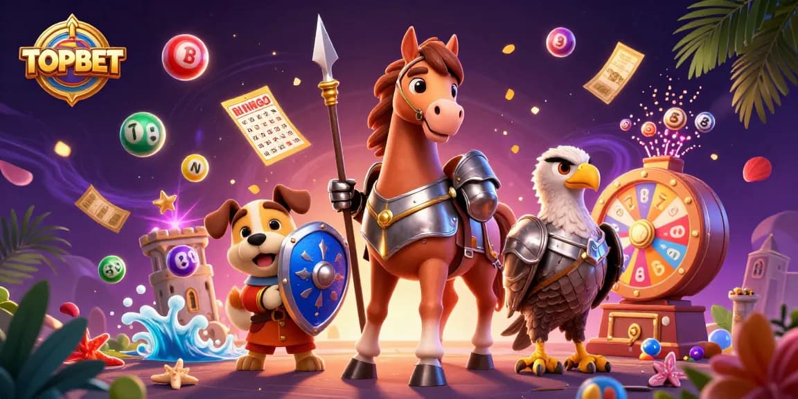 Join the excitement of TOPBET with a dynamic 3D scene of gambling elements and characters.