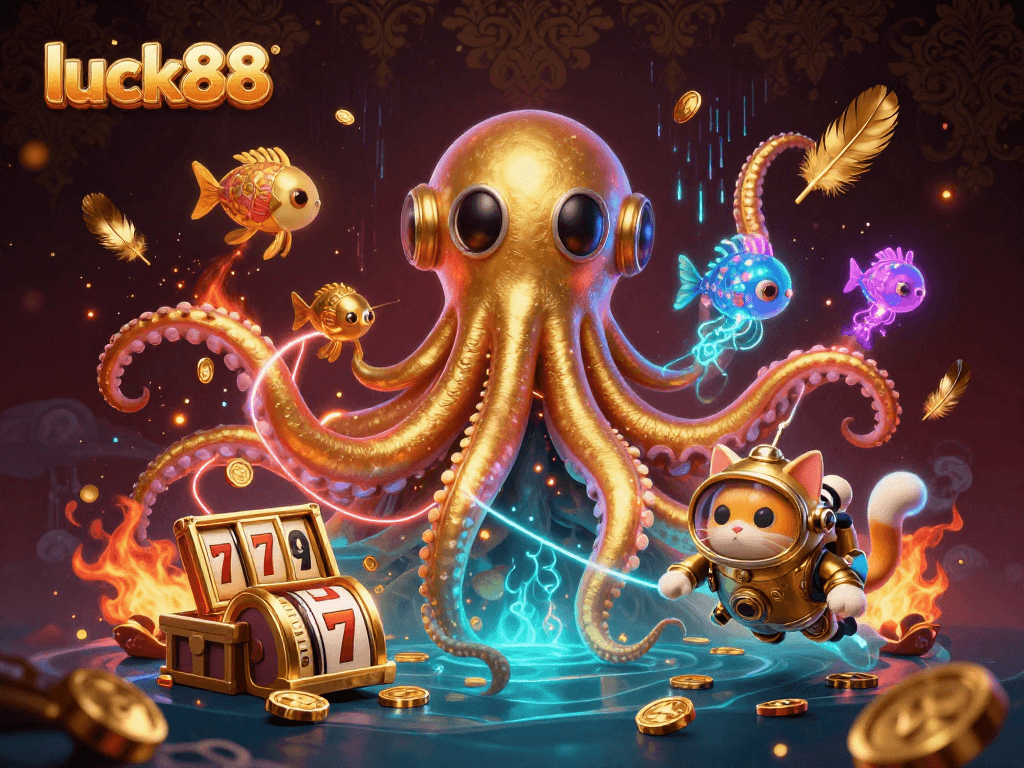 Experience luck88 excitement with a kraken emerging from treasure in a vibrant gaming underworld.