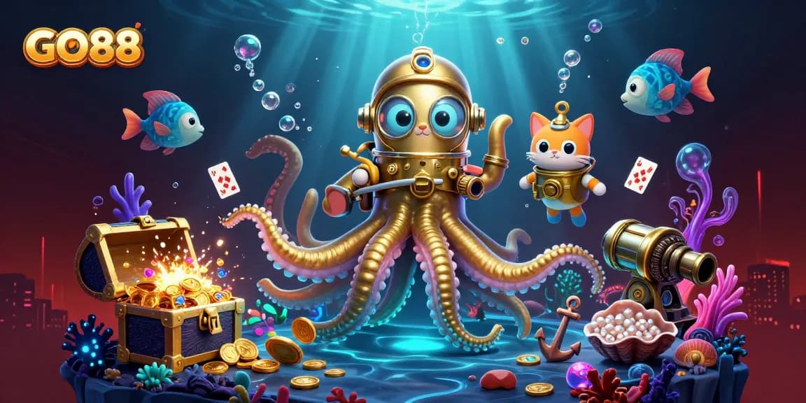 Engage in exciting gameplay at GO88 featuring a kraken, diving cat, and glowing fish in a vibrant underwater scene.