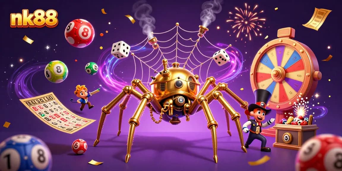 Experience excitement with nk88's lively 3D scene featuring a steampunk spider and animated lottery elements.